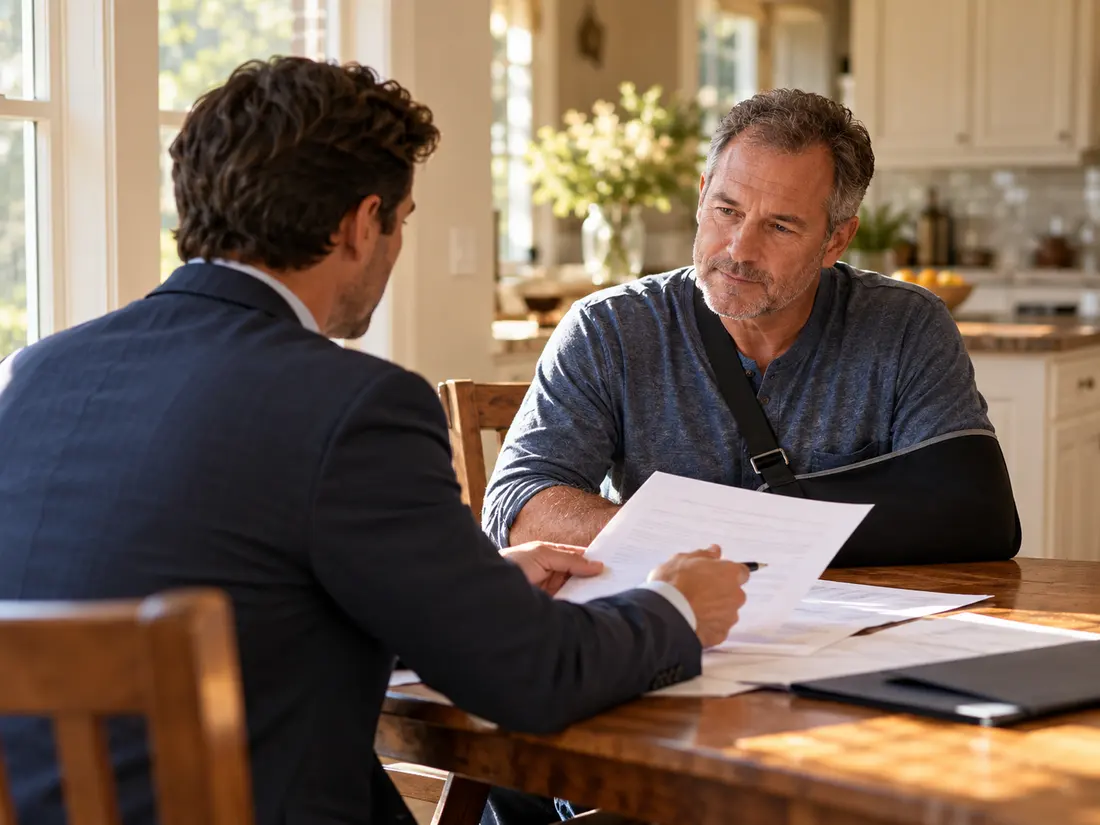 An attorney reviewing paperwork with a client at his kitchen table.